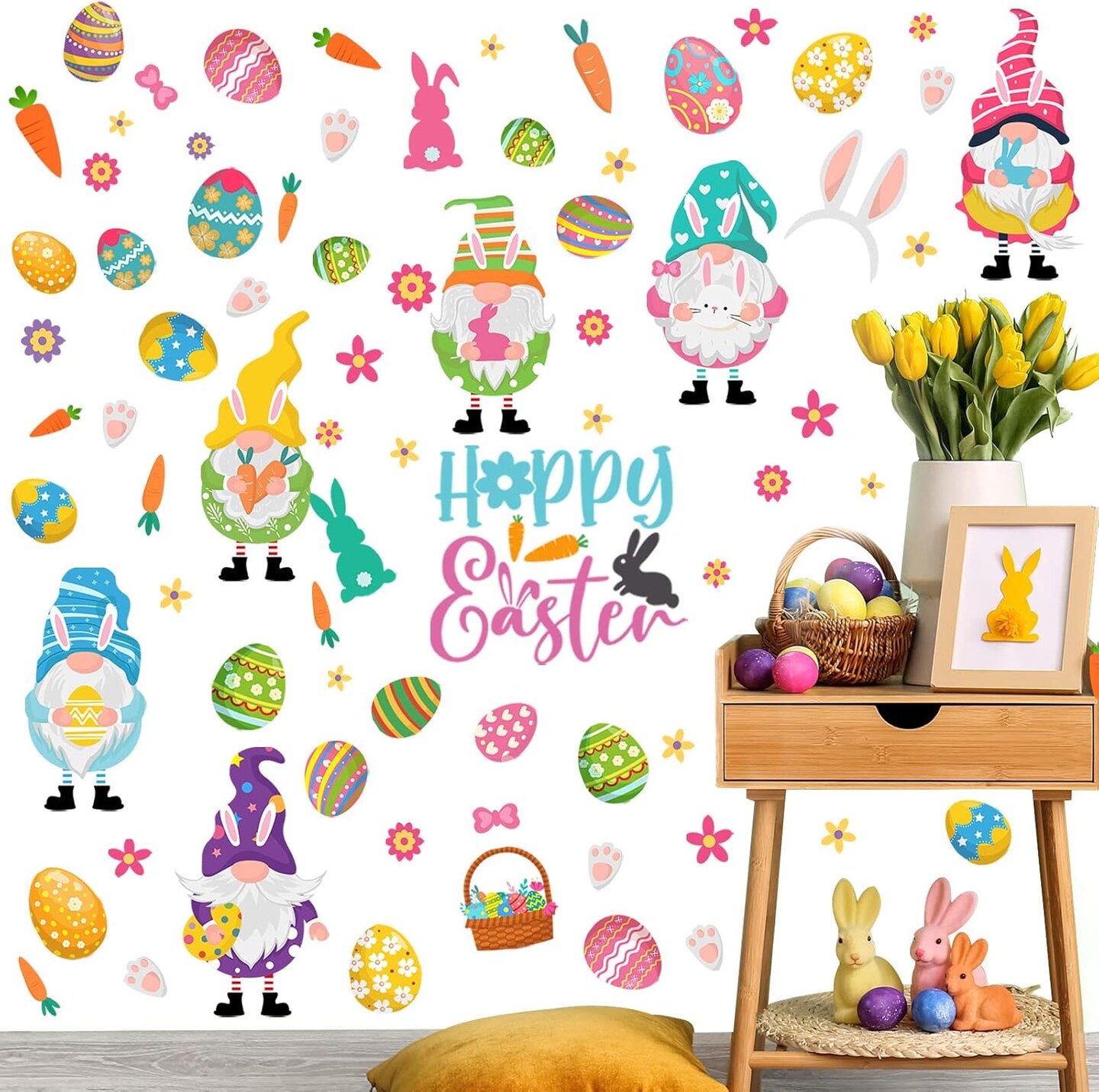 122 Pieces Easter Wall Clings Easter Gnome Wall Stickers Easter Window Decoration Egg Bunny Carrot Wall Decals for Bedroom Living Room Bathroom Window Decor
