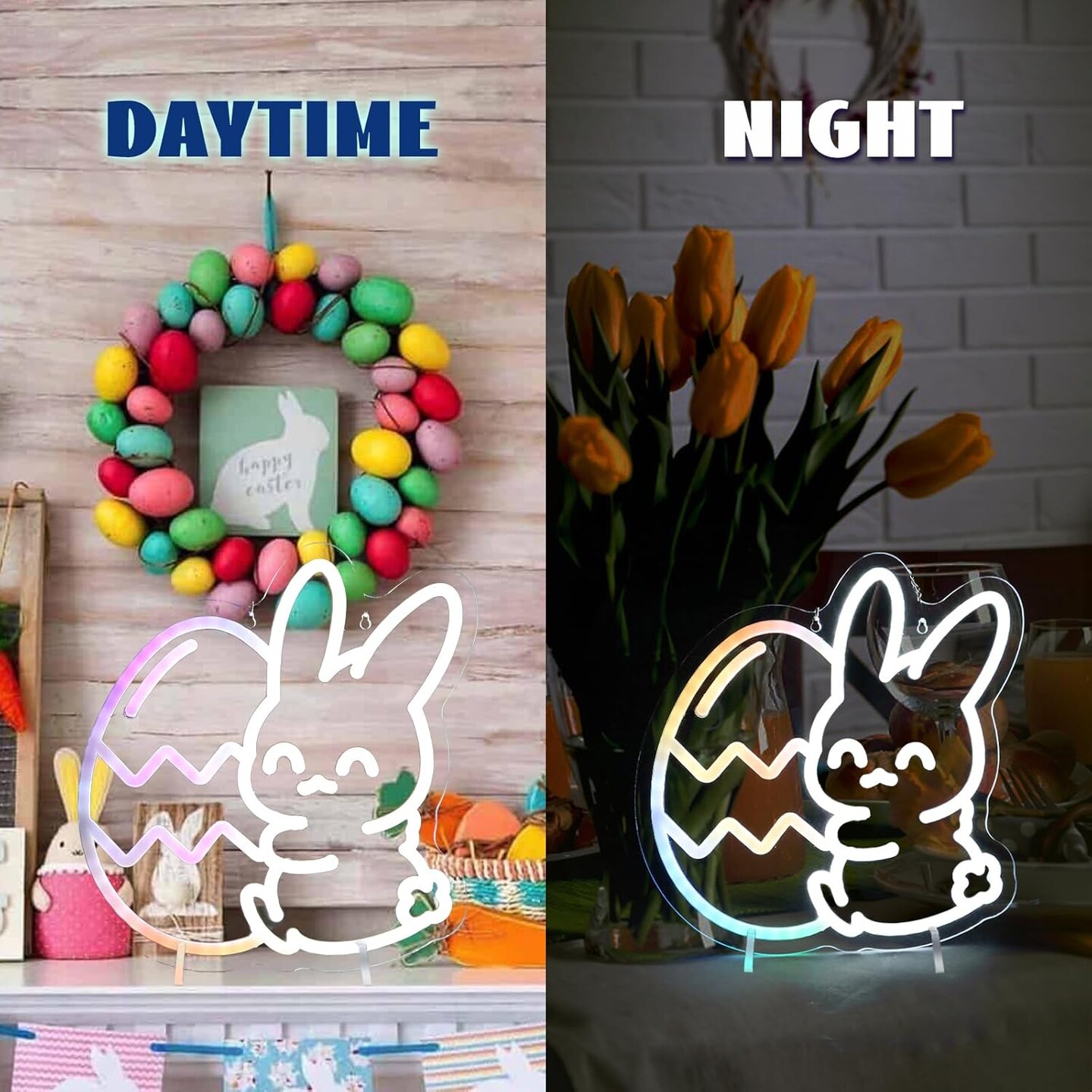 Easter Neon Lights, Bunny Embracing Egg, Multicolor Lights with Dynamic Effect Neon Sign, Remote Control Easter Lights USB Powered, Easter Decorations Indoor for Bedroom Wall Window Table Home Decor