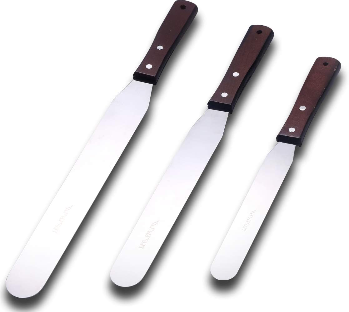 Straight Icing Spatula Stainless Steel Baking Set of 6&#x22;, 8&#x22; &#x26; 10&#x22; Wooden Handle