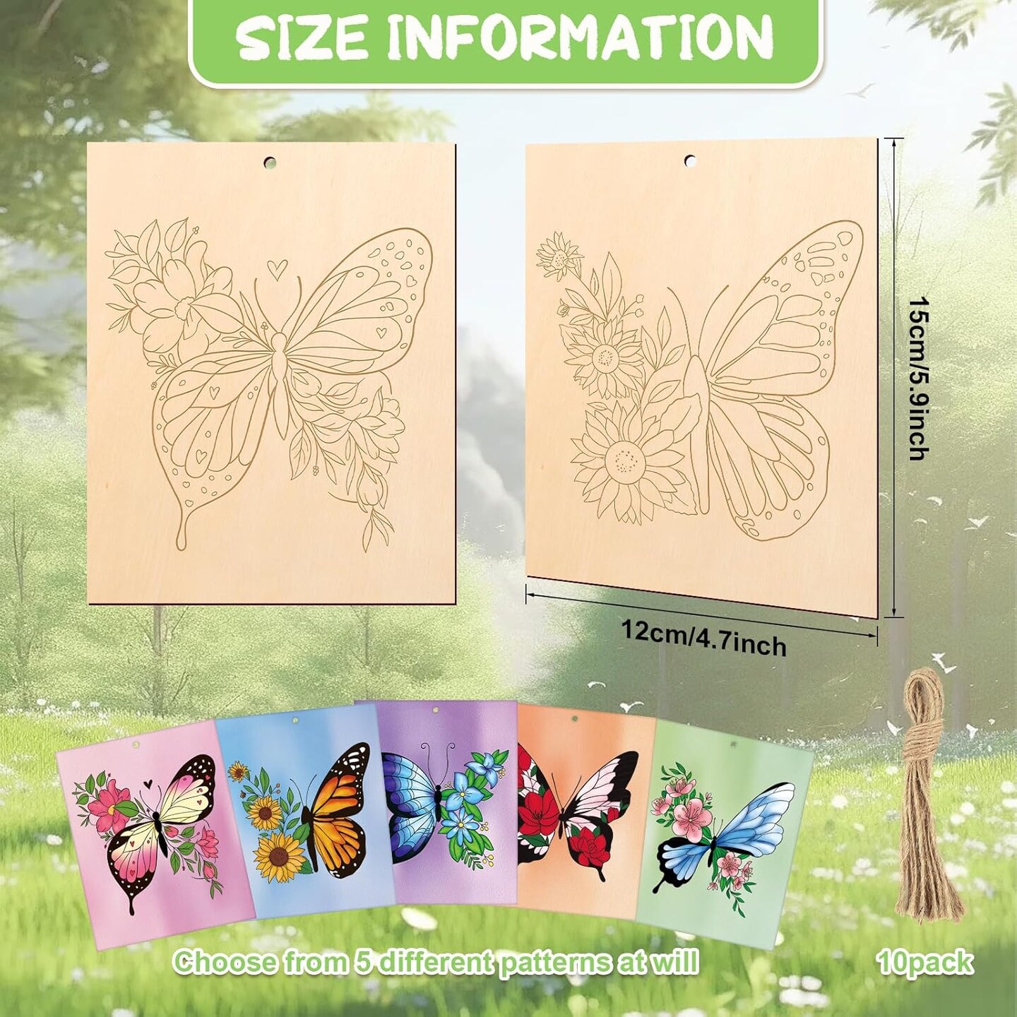 10 Pieces Large Spring Butterfly Unfinished Wood Crafts to Paint for Adults and Kids, Bulk Predrilled Wooden Ornaments for Painting, Butterflies Paintable Wood Slices Craft Supplies with Ropes 5.87 x 4.8 x 0.12 inches