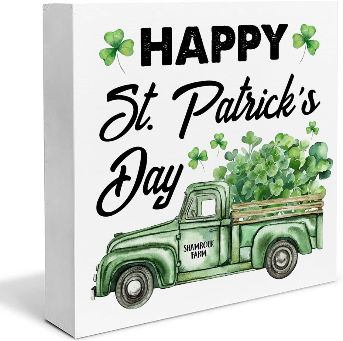 St. Patricks Day Decor Farmhouse Happy St. Patricks Day Shamrock Farm Wood Box Sign St Patricks Day Decorations Country Home Desk Shelf Tabletop Decor