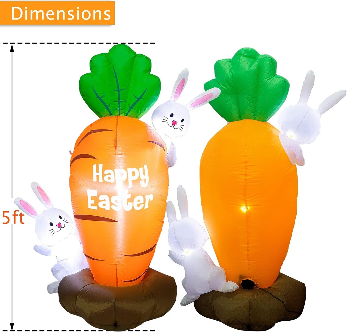 Inflatable Easter Yard Decoration, 5ft LED Lighted Blown-Up Bunnies with Giant Carrot, Inflatable Easter Decorations for Garden Lawn Patio Indoor Outdoor Use