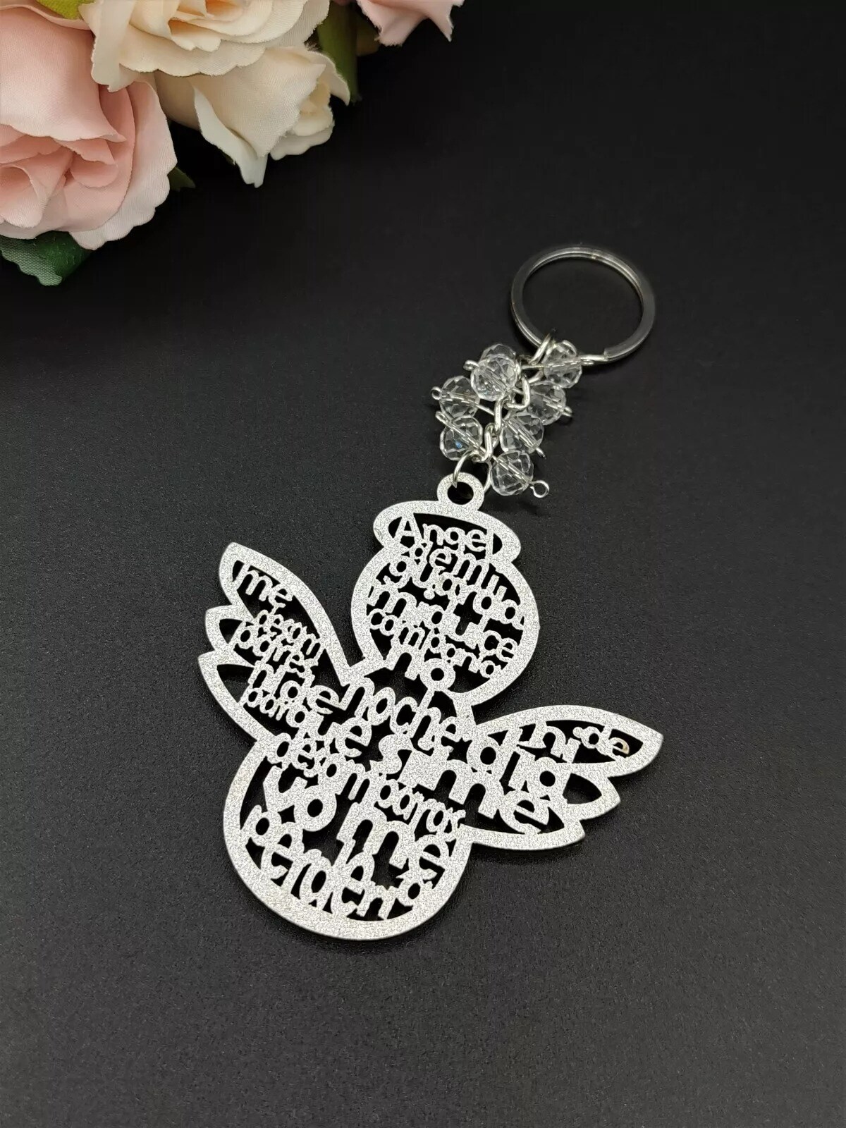 12 Guardian Angel Glitter Wood Key Chain L&#xE1;ser Cutout Recuerdo Bautizo Comunion