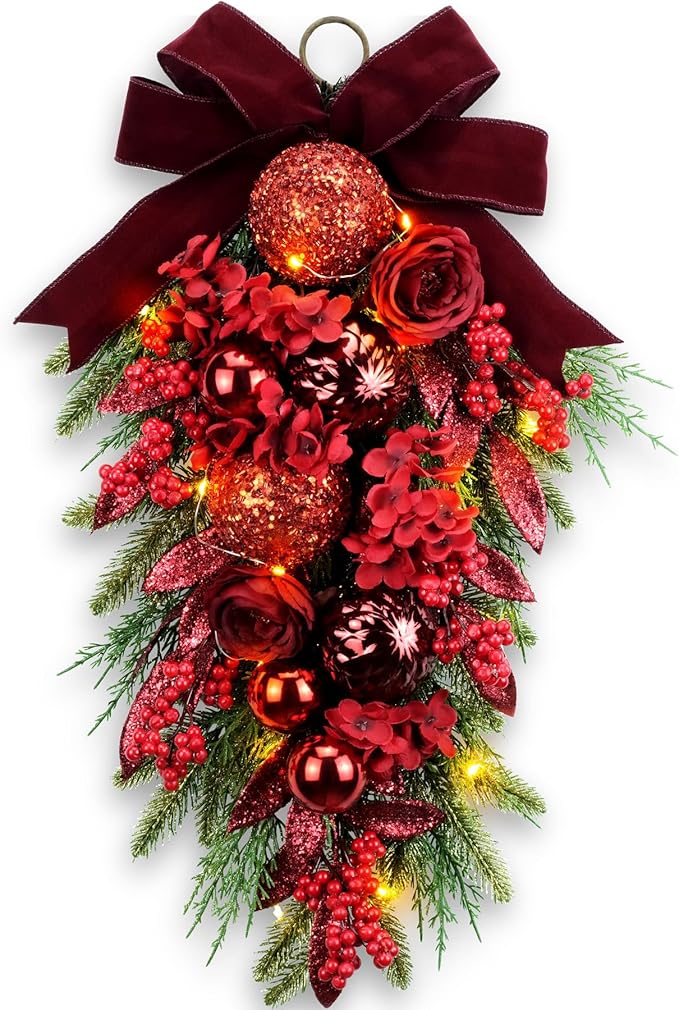 24&#x22; Decorative Teardrop Swag, Artificial Christmas Swag with Red Hydrangea &#x26; Baubles, Purple Bowknot, Red Berries, Sparkling Leaves, Pine Needles (Red Hydrangea)