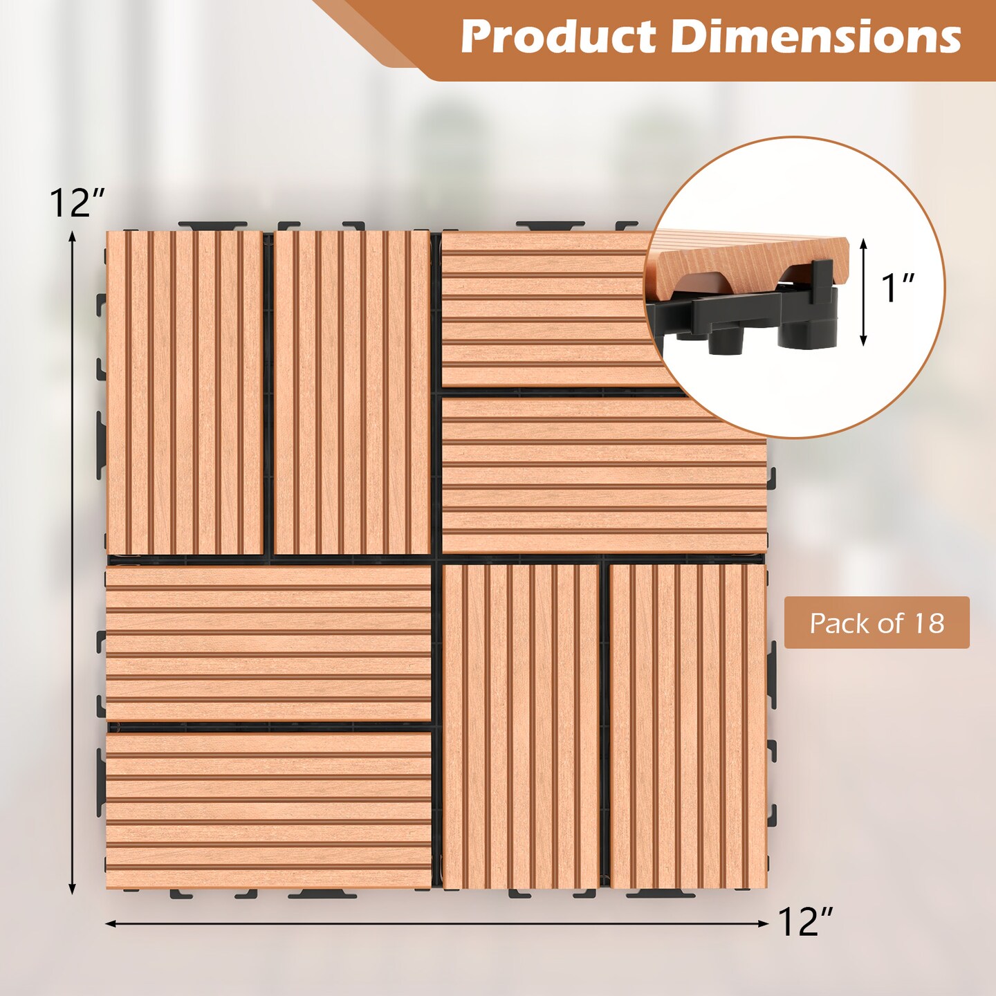 18 Pieces 12 x 12 Inch All Weather Interlocking Deck Tiles Ideal for Outdoor Use