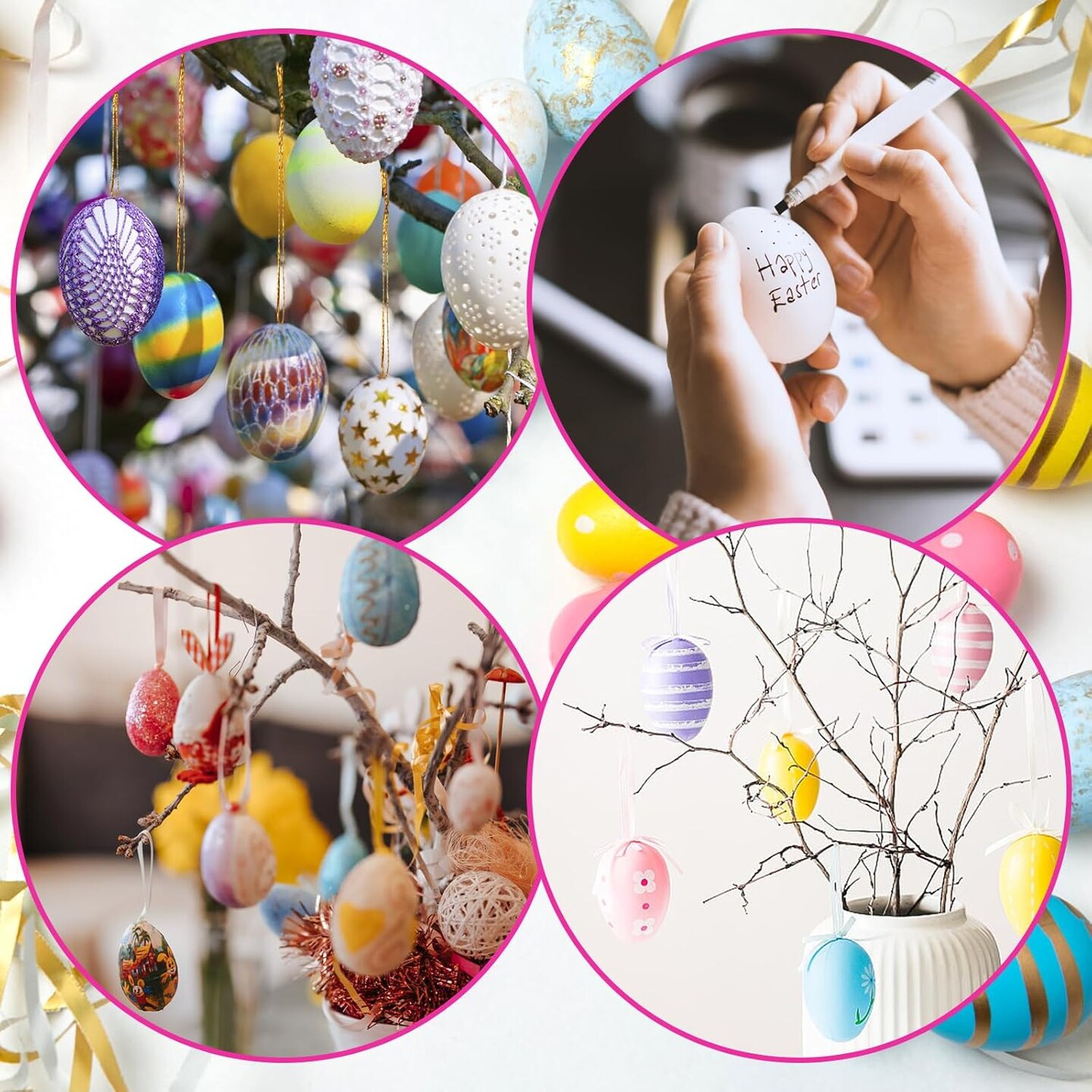 30 Pcs Easter Decorations Eggs with 8 Pens, White Plastic Eggs with Rope, Artificial DIY Creative Decoration Eggs for Party Favors, Easter Crafts, Easter Basket Stuffers, Easter Tree Ornaments