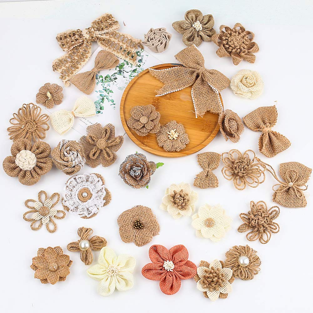 VGOODALL 32 PCS Natural Burlap Flowers Set, Burlap Bows and Scrapbook Embellishments for Wedding Party Decor Home, Embellishments for Crafts