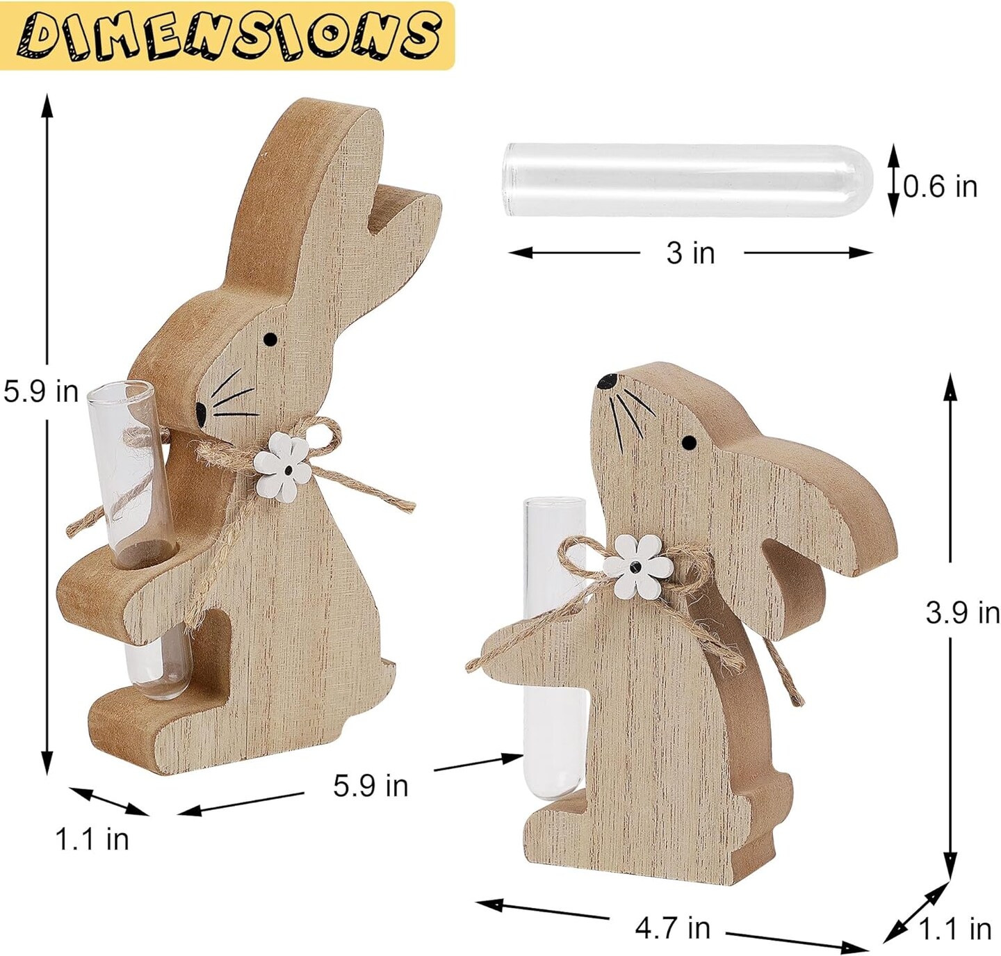2 Packs Wooden Bunny Flower Vases, Easter Burlywood Rabbits Holding Glass Test Tube Vases for Spring Indoor Home Entrance Tabletop Ornaments Window Sill Decor Housewarming Gifts