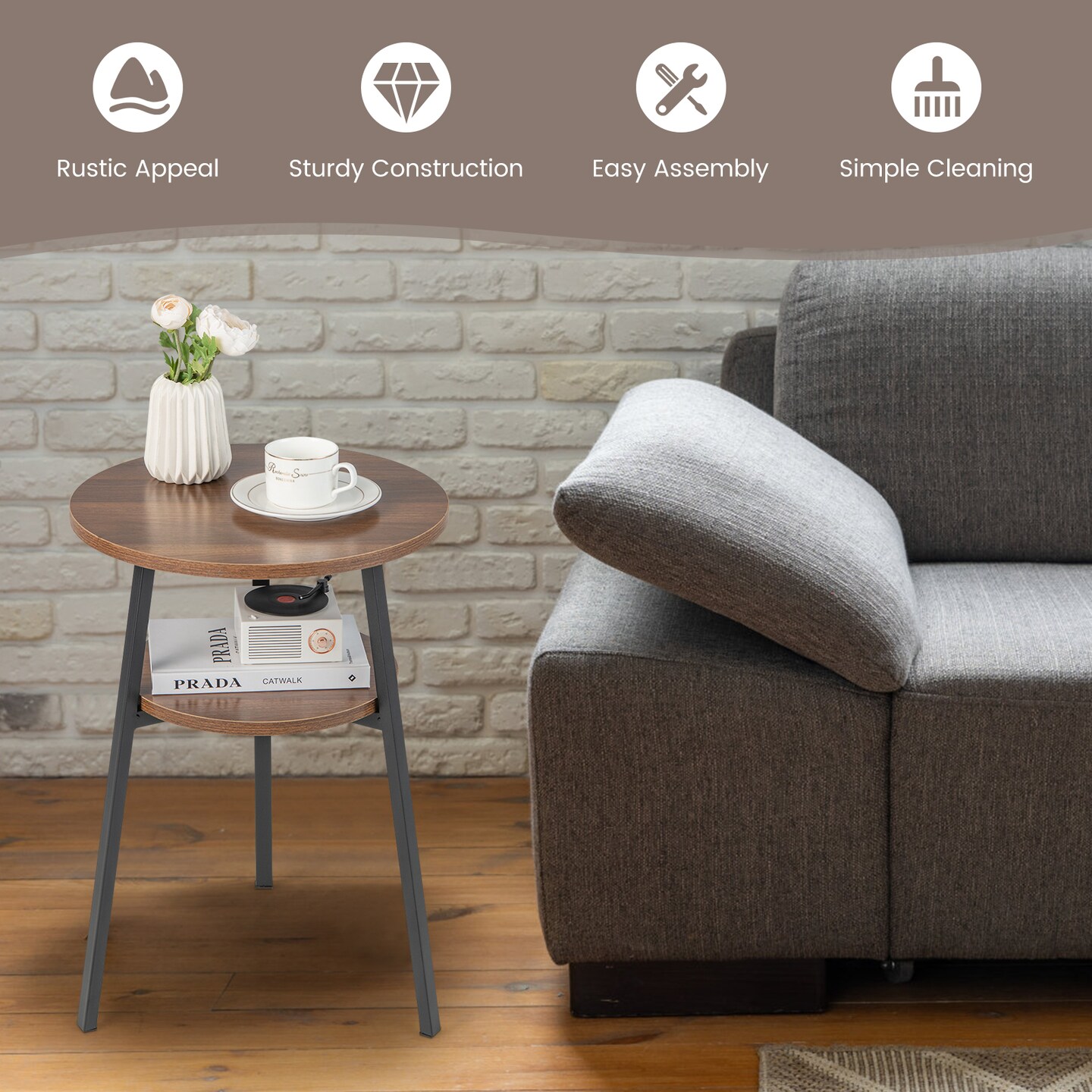 Wood 2-Tier Round End Table Set of 2 with Open Shelf & Triangular Metal Frame-Walnut