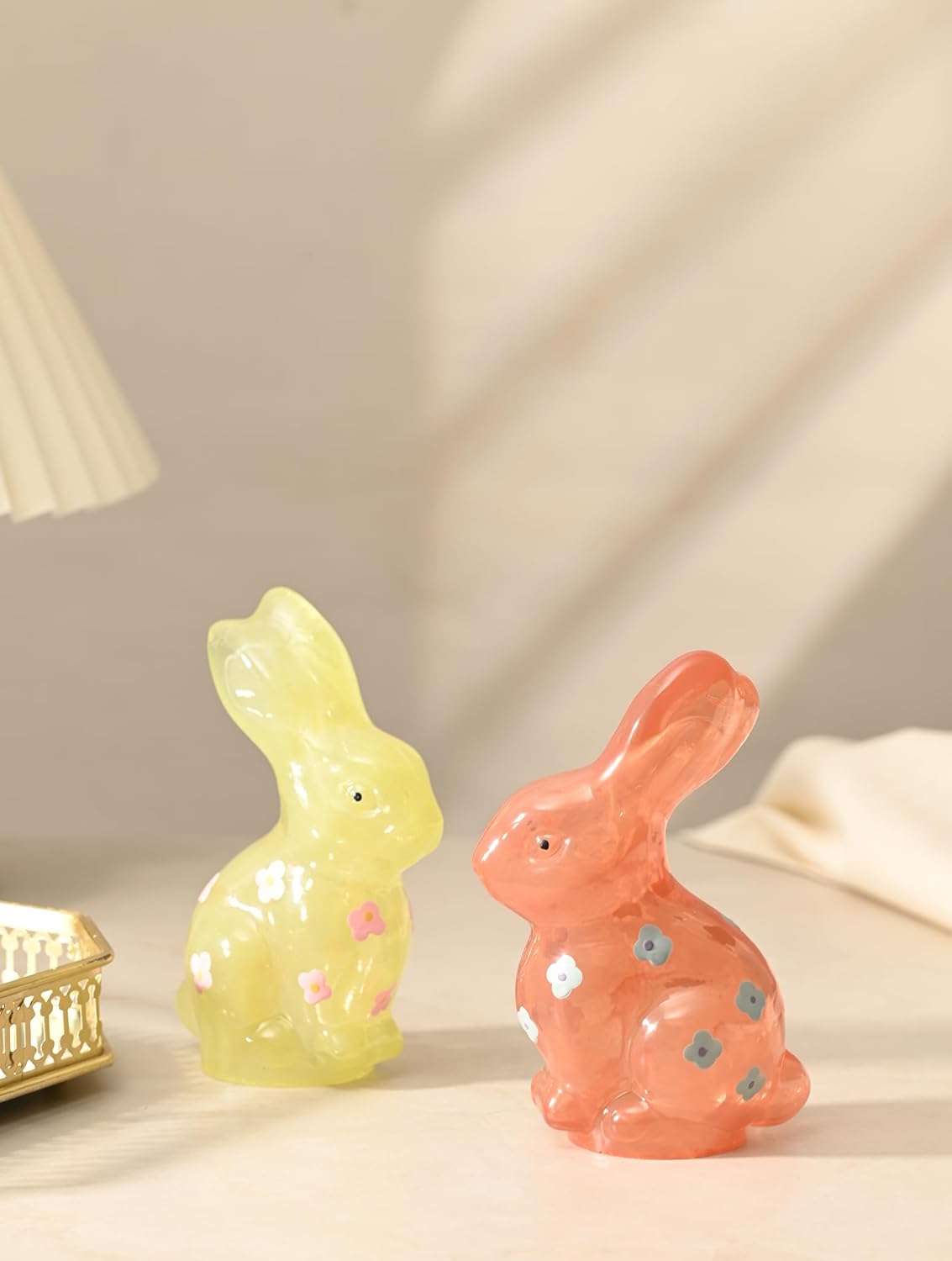Easter Bunny Decorations Set of 2, Pink and Yellow Glass Rabbit Figurines with Delightful Flower for Spring Tabletop Decor, Indoor Home Decor
