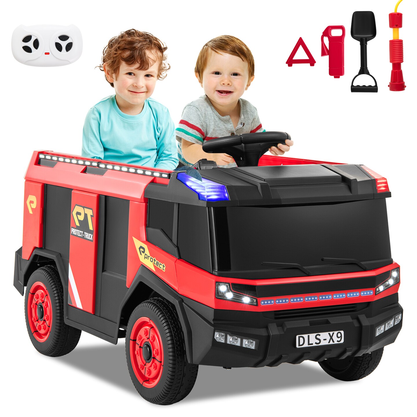Red 12V Electric Kids Ride-On Fire Truck 2-Seater with Remote Control, Water Gun, and Siren-Red
