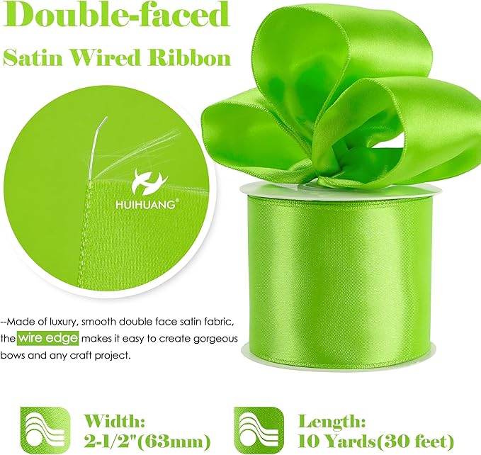 Lime Green Wired Ribbon 2.5 inch Green Satin Wire Ribbon for Wreaths, Bows Making, Flower Bouquet, Garland, Home Decor, Crafts, Halloween Decor, Christmas Tree Bows-10 Yards