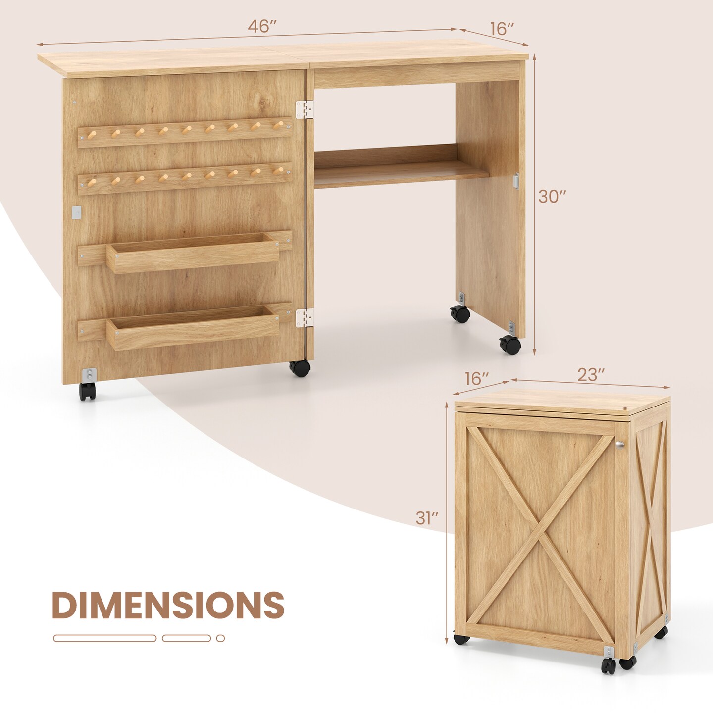 Folding Sewing Table with Storage Shelf and 5 Lockable Wheels