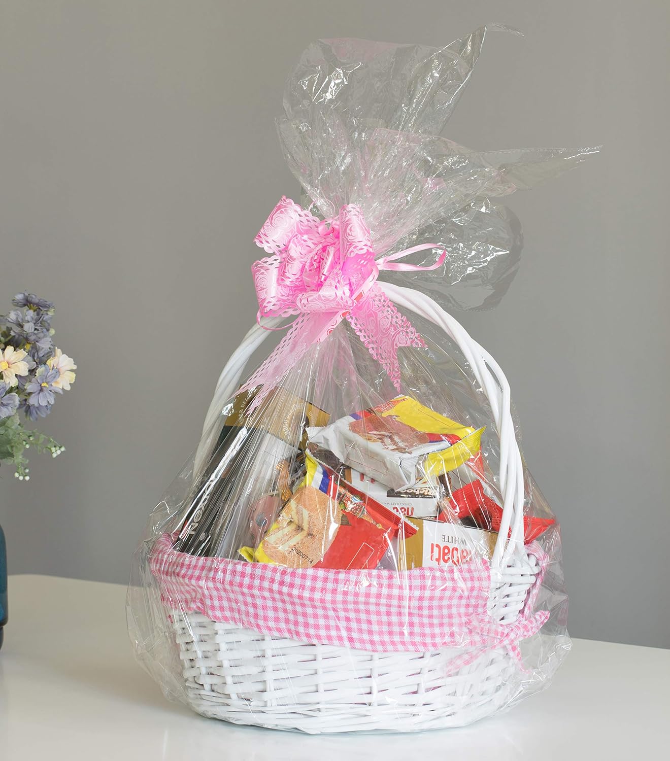 White Round Willow Gift Basket, with Pink Gingham Liner and Handle - Medium