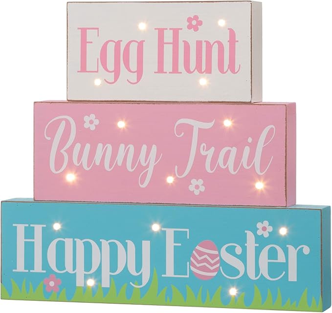 Wooden Easter Table Block Decor Wood Tabletop Sign with Sayings Egg Hunt Bunny Trail Happy Easter Farmhouse Wooden Block Set Wood Block Decor with LED Lights Spring Easter Decor