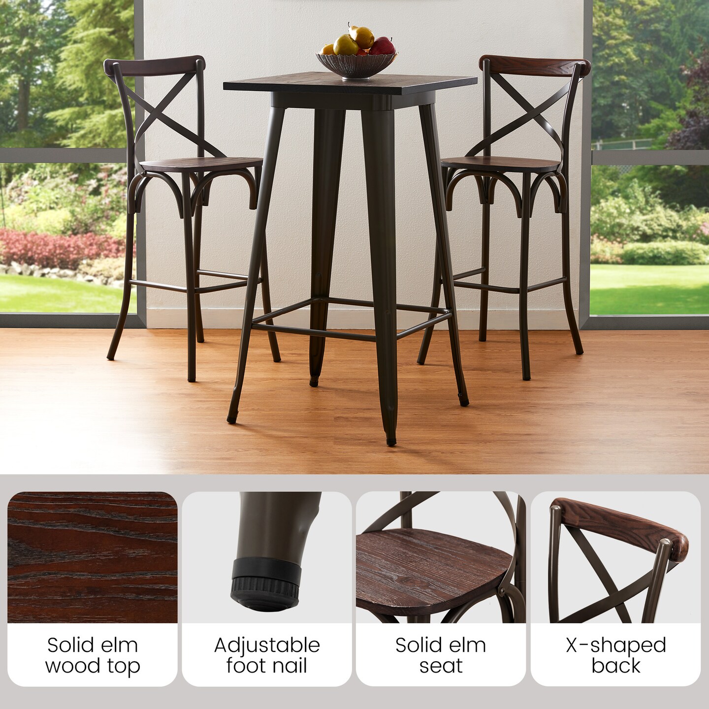 3 Piece Pub Table and Bar Chair Set - Steel Square Bar Table and Bar Chair Set