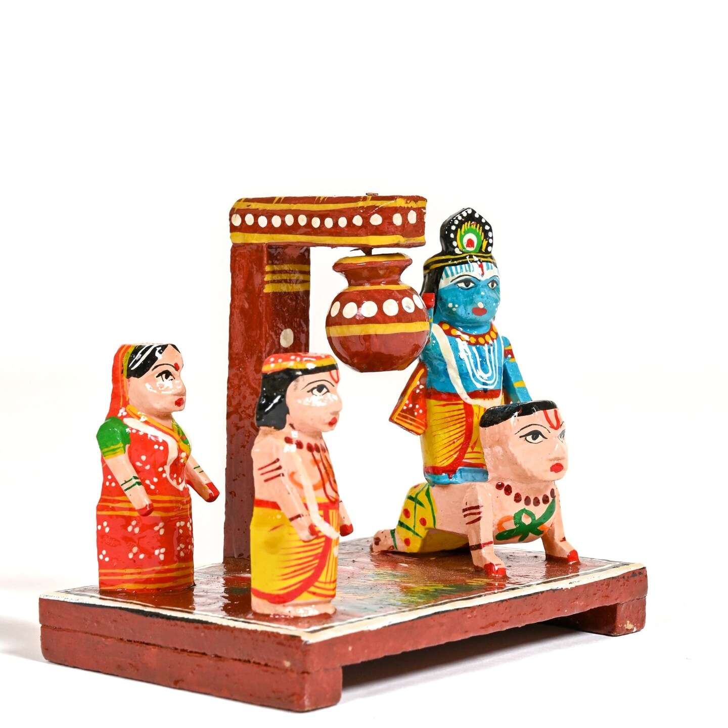 Wooden Krishna Makhan Chor Leela for Janmashtmi Golu Decoration Handpainted Kondapalli Krishna Set Show-piece for Home Temple Shelf Display Table Decor Gifting Item