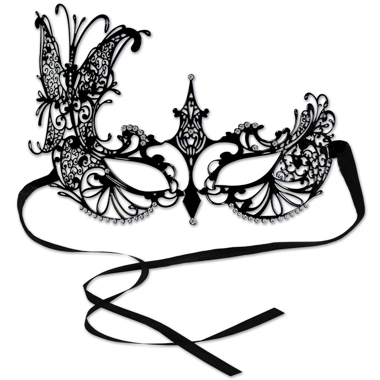 6 Pack Beistle Black Ribbon Tie- Mardi Gras Metal Filigree Masquerade Mask