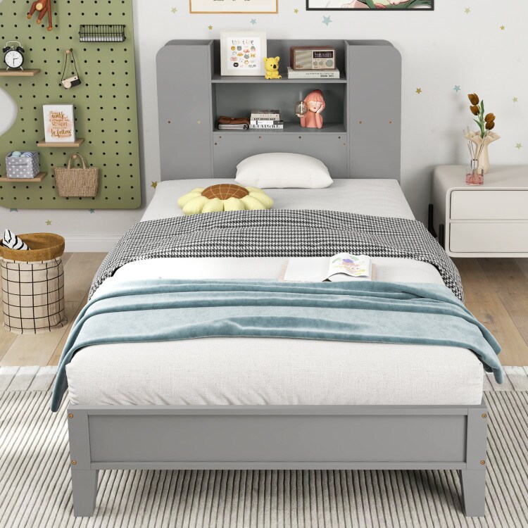 Wooden Twin Bed Frame with Bookcase Headboard Storage Shelves and Under-bed Space
