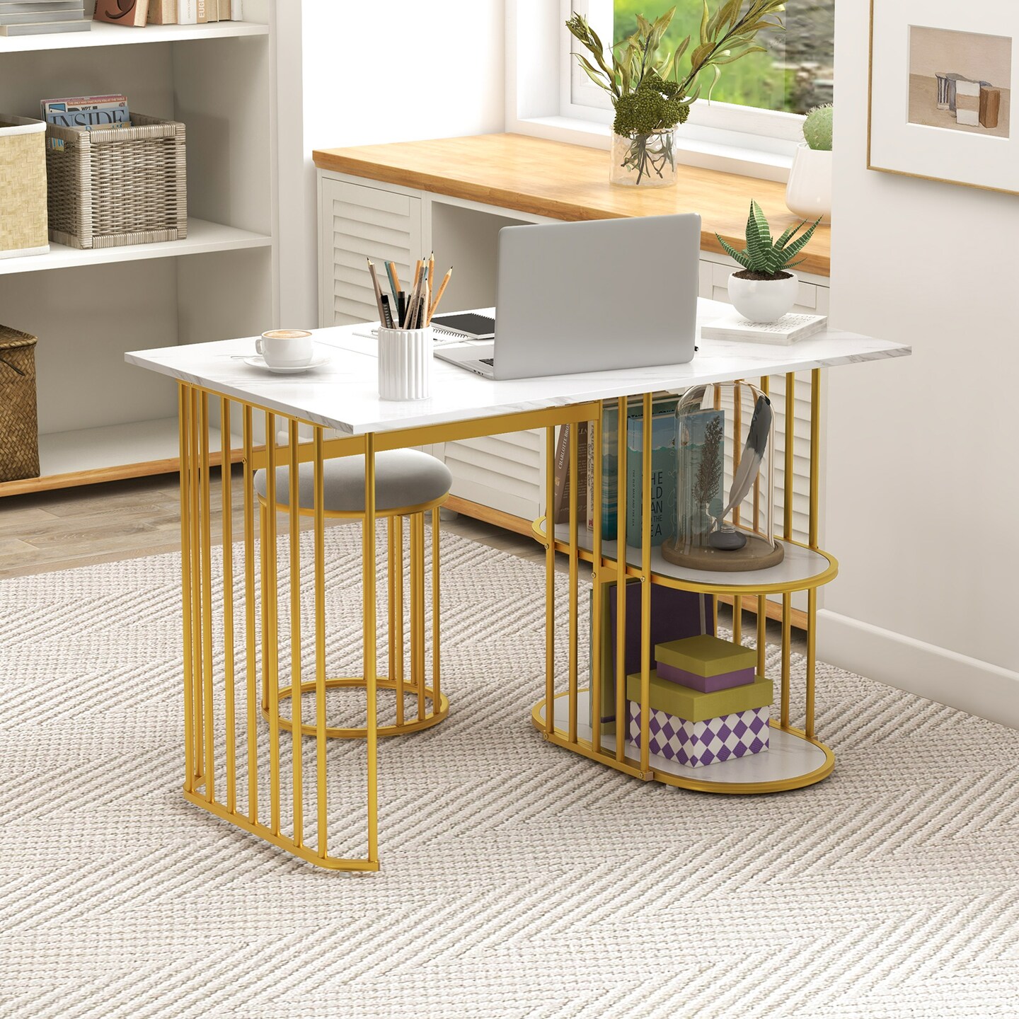 Rectangular Dining Table for 2 with 2-tier Storage Shelf for Small Space Dining Room-White