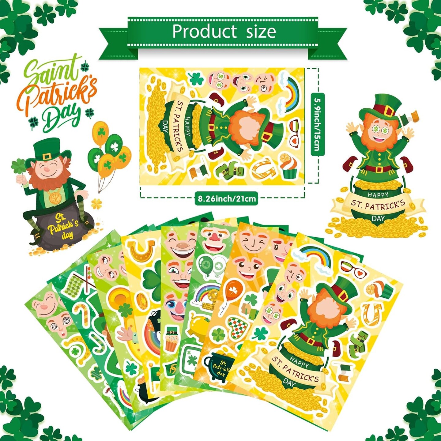 24 Sheets St. Patrick&#x27;s Day Stickers Make a Face Stickers Lucky Shamrock Stickers Irish Stickers