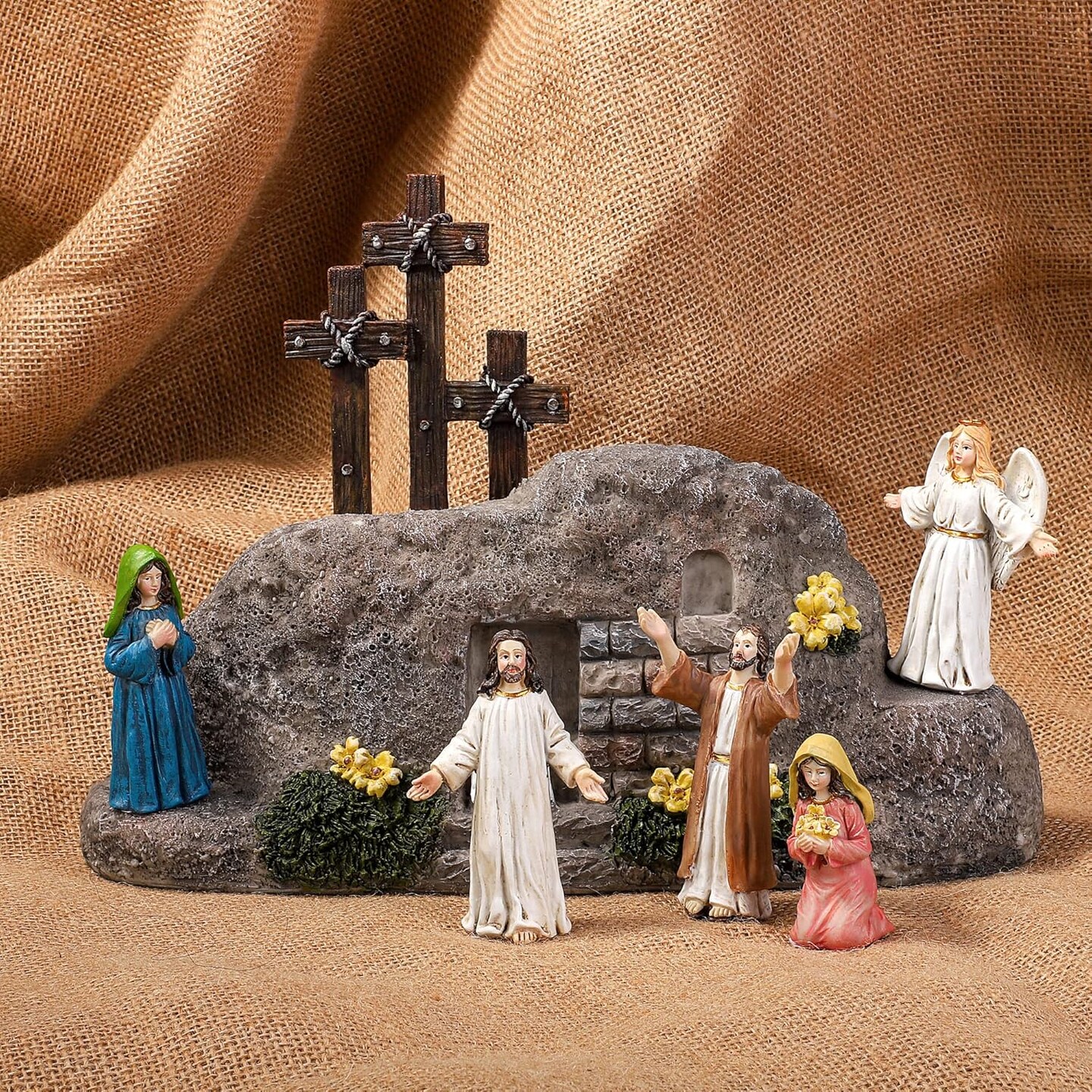 7 Pack Easter Cross Shaped Resin Table Decor Easter Resin Tabletop Ornaments Brown Cross Jesus Nun Statue