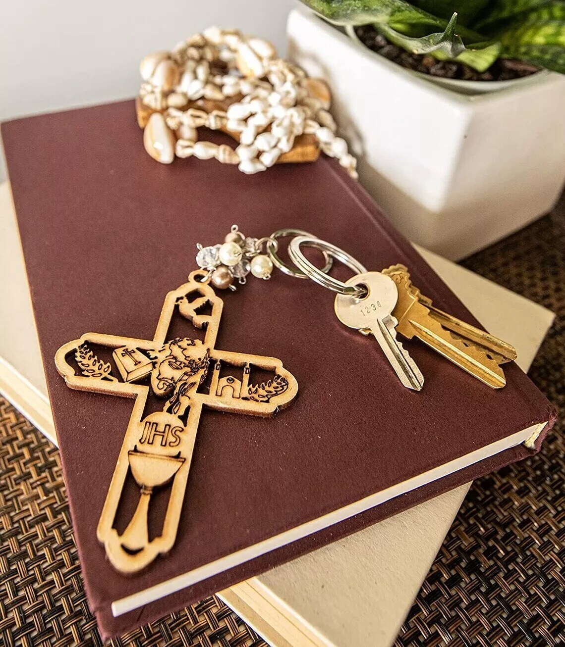 12pcs Cross Baptism Wood Keychain L&#xE1;ser Recuerdo De Bautizo