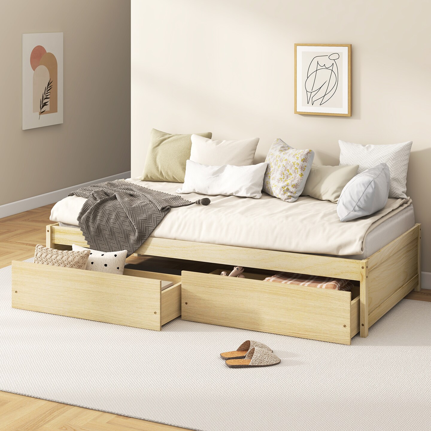 Wooden Twin Captain Bed with Storage Drawers and Daybed Function