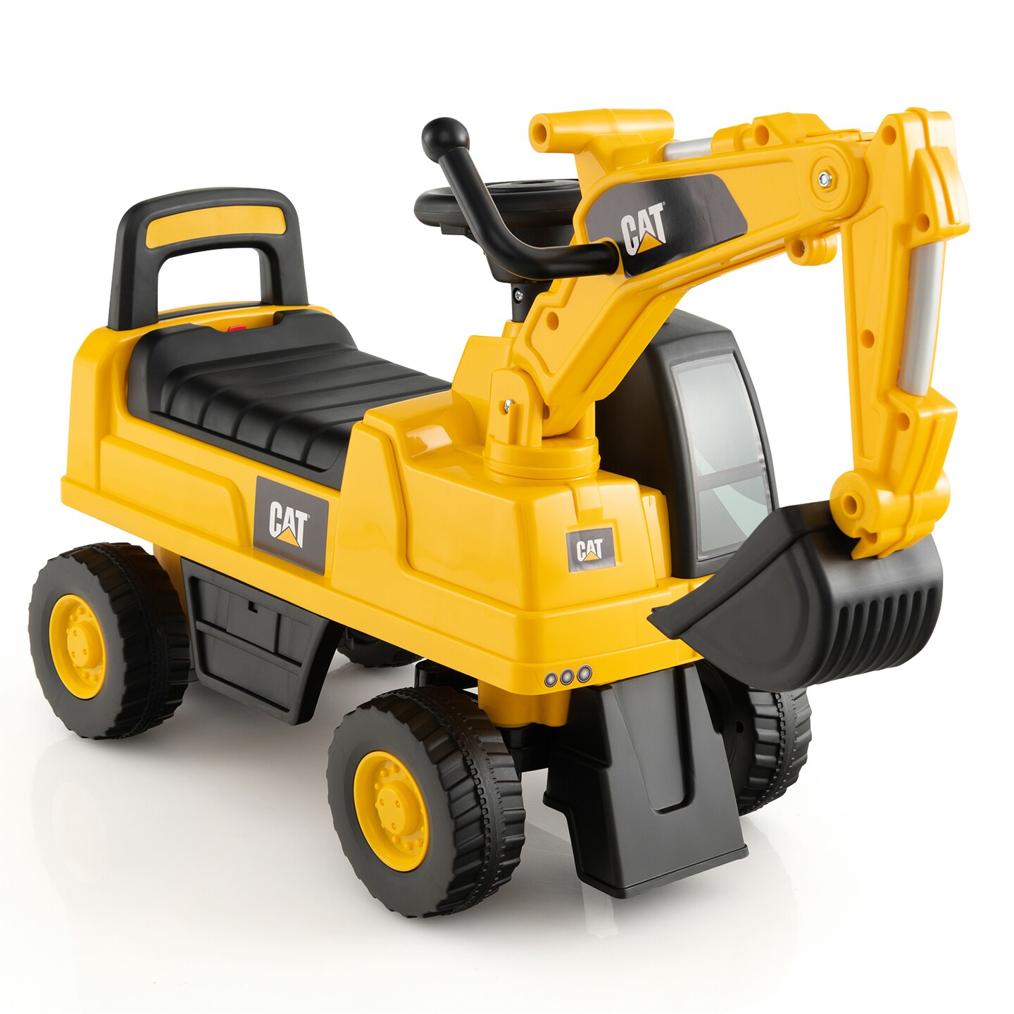 Yellow Plastic Licensed Caterpillar Kids Ride-On Digger with Adjustable Arm and Realistic Controls