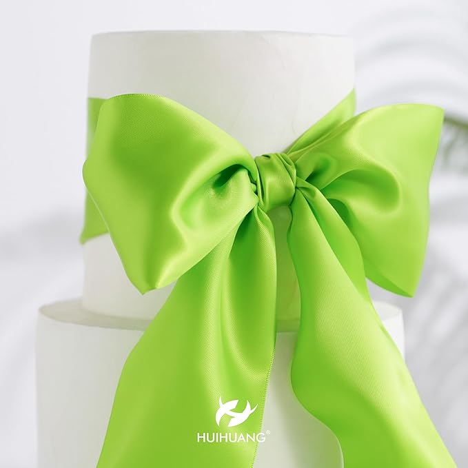 Lime Green Ribbon 4 inch Wide Double-Faced Satin Ribbon for Chair Sashes, Christmas Tree, Large Bows Making, Gift Wrapping, Flower Bouquet, DIY Crafts, Halloween Decor-10 Yards/Roll