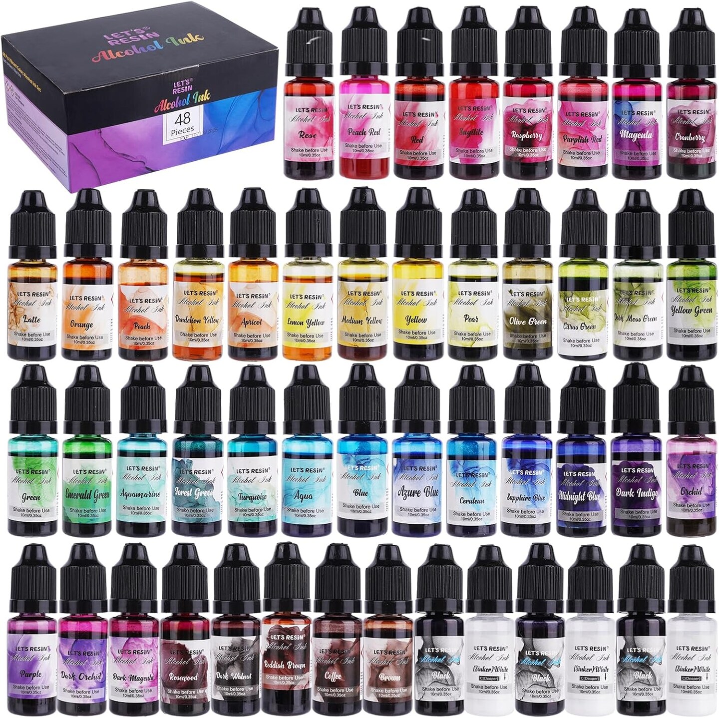 LET&#x27;S RESIN 48pcs Concentrated Alcohol Ink Set, Vibrant Colors Alcohol-Based Resin Ink for Epoxy Resin, Alcohol Paint Dye for Resin Art, Tumblers, Epoxy Resin (Each 0.35oz)