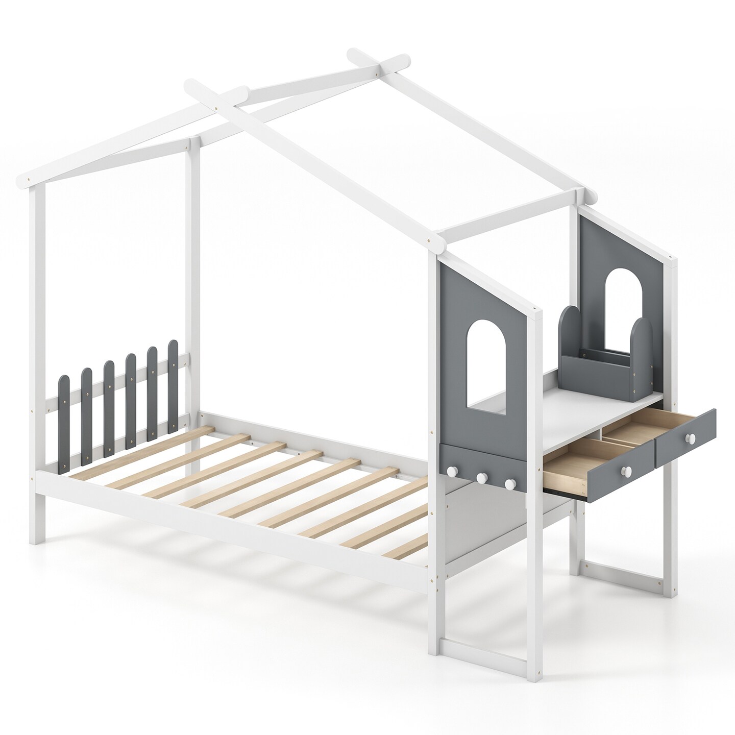 House Shaped Bed Frame with 2 Drawers, 1 Storage Box and 3 hooks for Kids