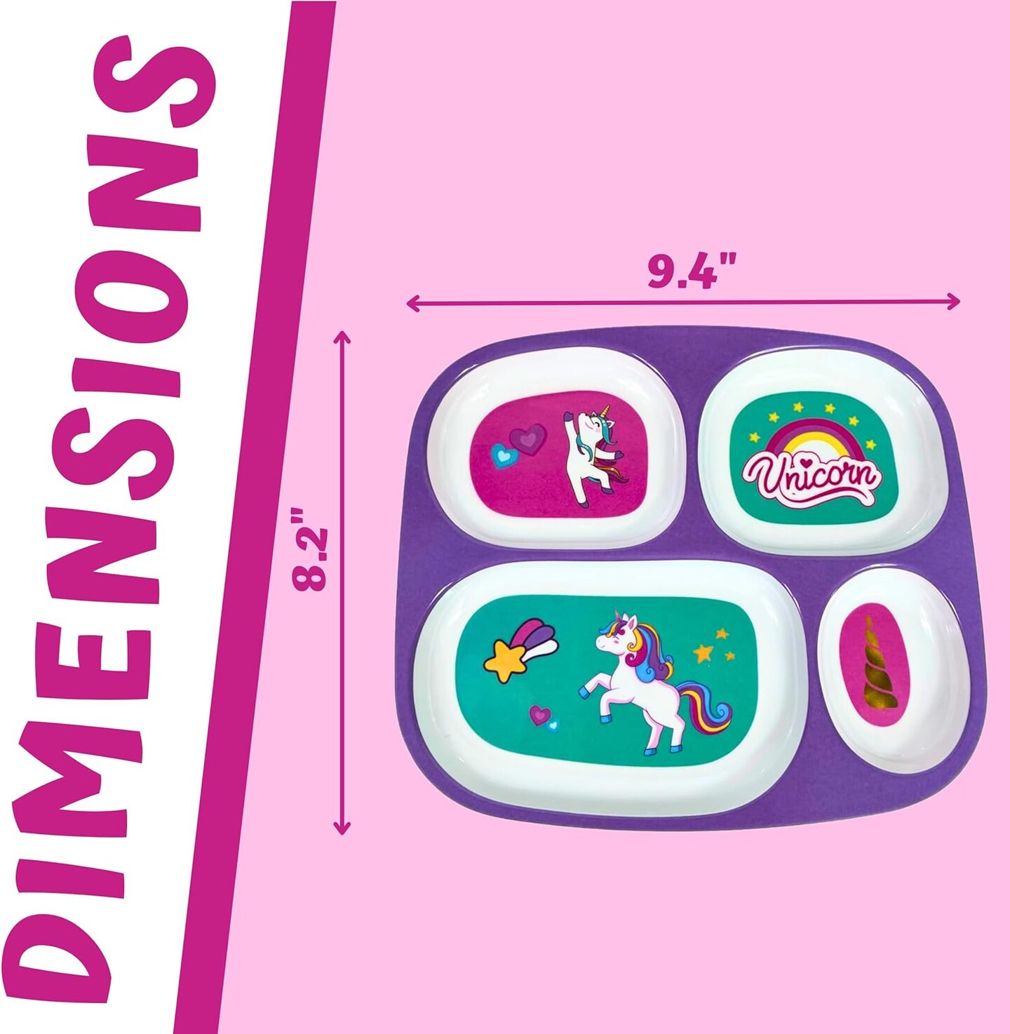 4E’s Novelty Kids Melamine Dinner Plates Set of 4 for Girls – Divided Plates for Picky Eaters, BPA-Free, Princess, Unicorn, Cat & Sea Life Toddler Plates