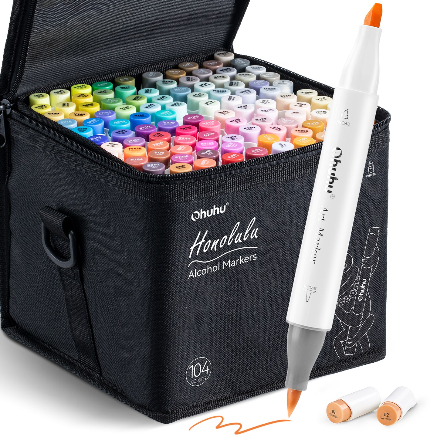Ohuhu Alcohol Markers Brush Tip- 104-color Double Tipped Alcohol Based Art Marker Set for Artists Adults Coloring Illustration- Honolulu of Ohuhu Markers- Dual Tip Brush &#x26; Chisel- Refillable