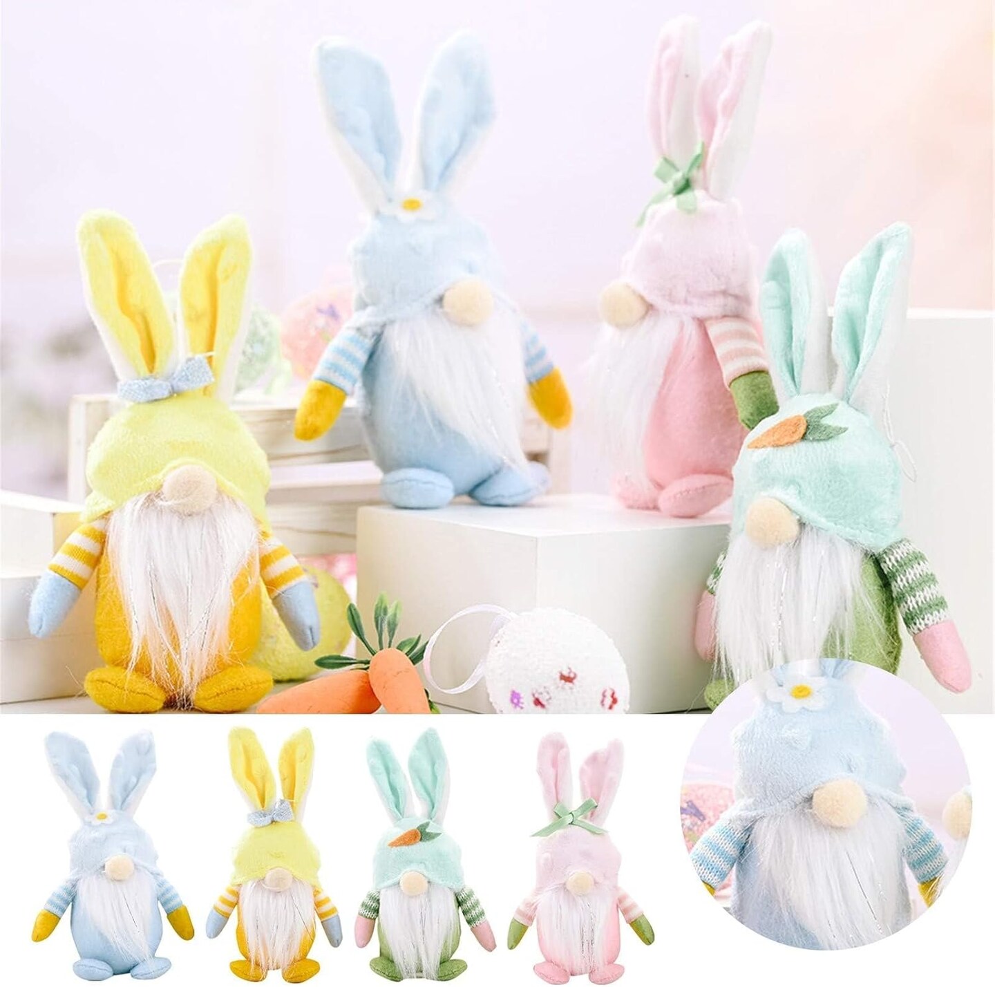 Easter Gnomes Decorations,4 Pack Handmade Plush Easter Bunny Tomte Swedish Scandinavian Figurine Elf Stuffed Doll Rabbit Gifts Cute Easter Faceless Dwarf Bunny Household Ornaments, Home Decor