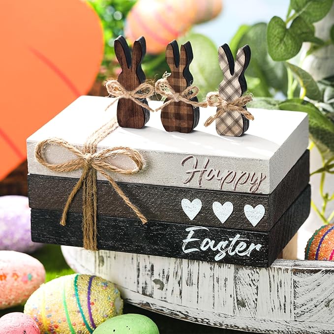 6 Pcs Easter Tiered Tray Decor Wooden Farmhouse Faux Stacked Books Easter Bunny Rabbit Decorative Table Centerpiece Block Signs for Party Home Kitchen Dining Table Decor