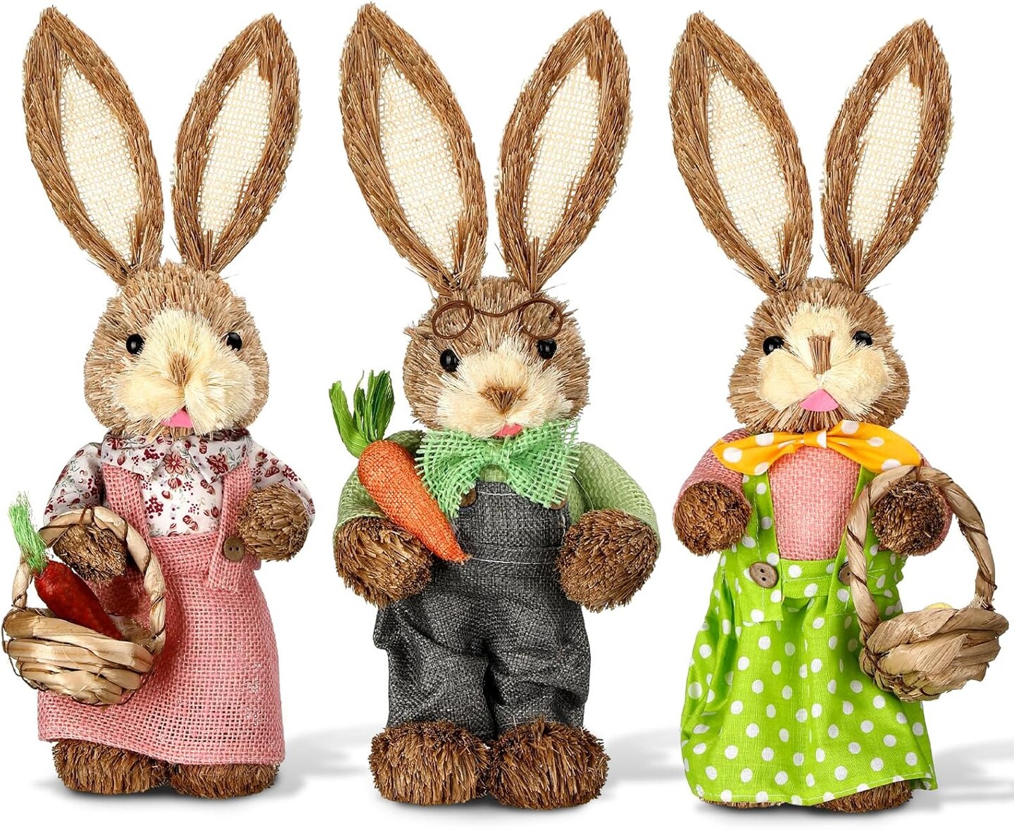 3 Pcs 13.8 Inches Easter Decorations Bunny Easter Straw Bunny Figurines Cute Rabbit Holding Carrot Straw