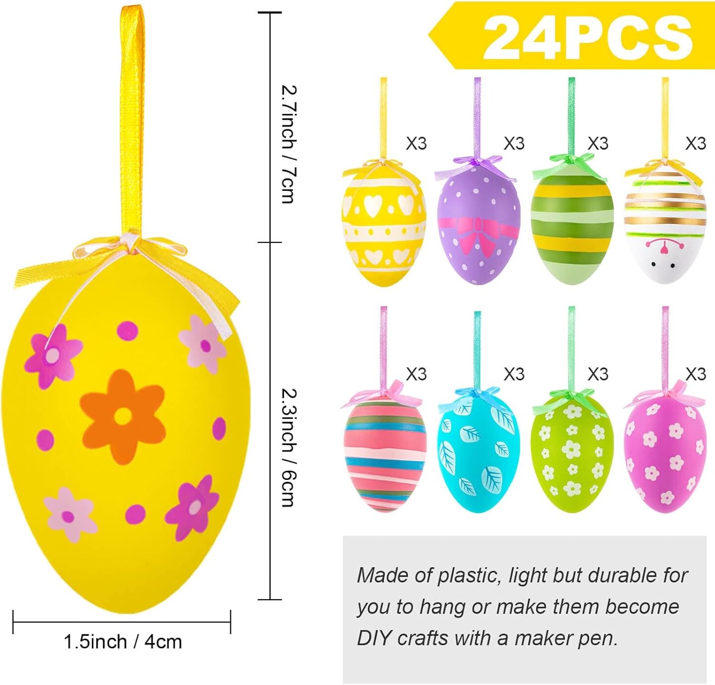Easter Tree Ornaments, 24pcs Multicolored Hanging Plastic Easter Eggs Easter Tree Decorations Hanging Easter Eggs