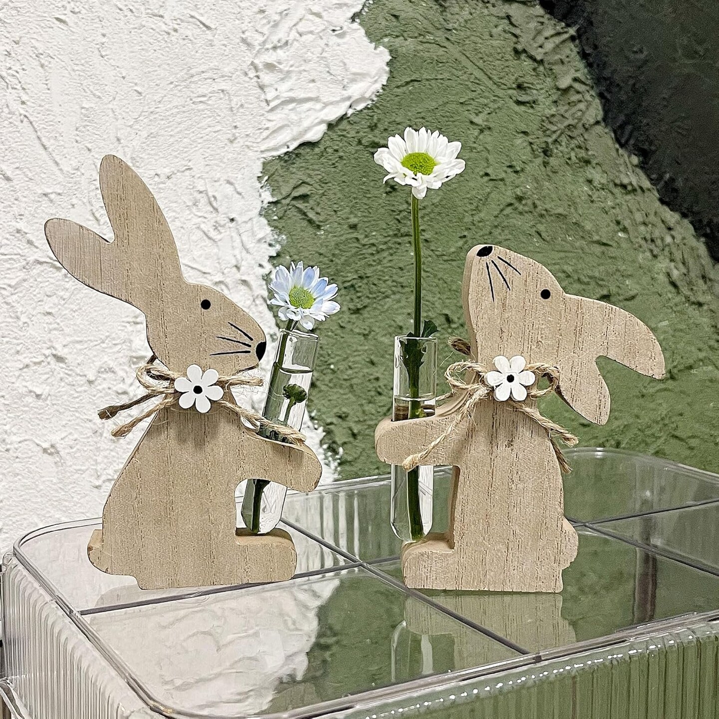 2 Packs Wooden Bunny Flower Vases, Easter Burlywood Rabbits Holding Glass Test Tube Vases for Spring Indoor Home Entrance Tabletop Ornaments Window Sill Decor Housewarming Gifts
