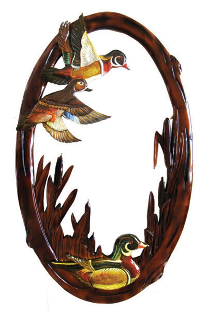 Flying Duck Hand Crafted Intarsia Wood Art Wall Mirror 24 X 39 X 2 Inches