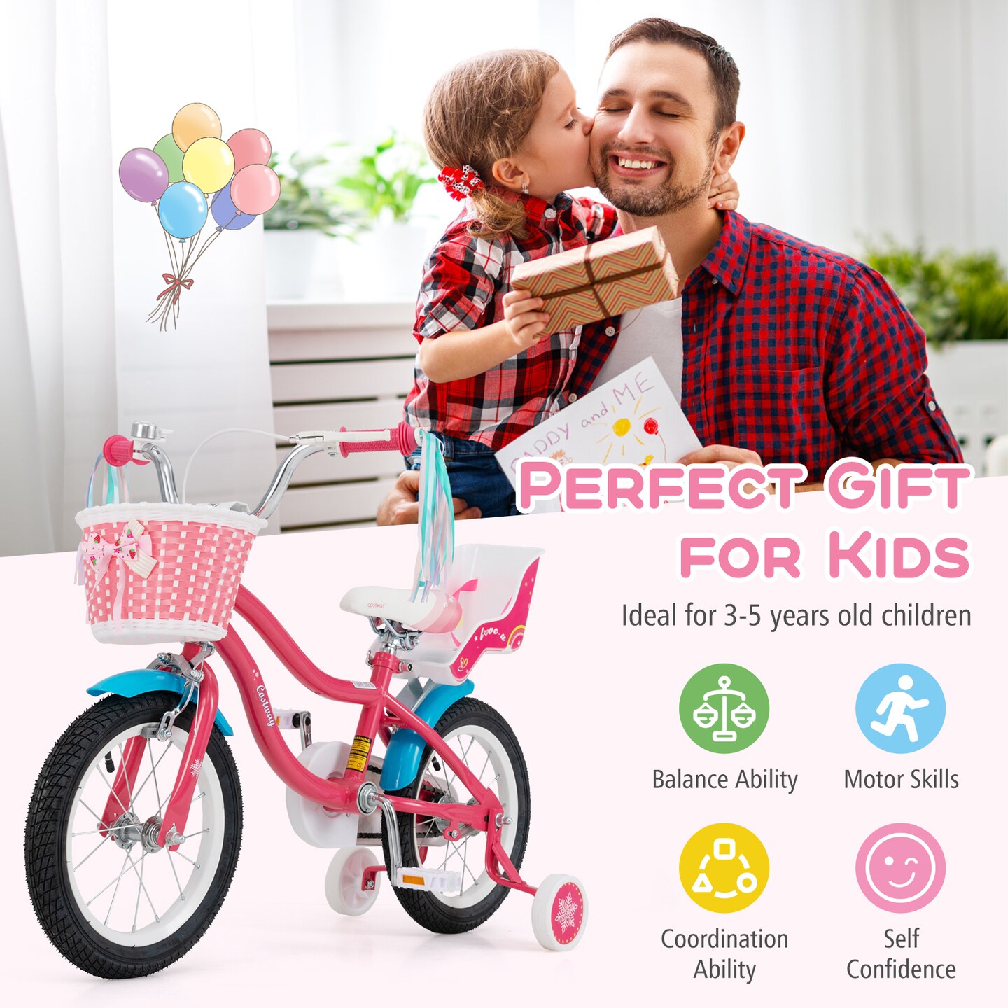 14 Inch Girls Bike with Doll Seat, Training Wheels for 3-5 Years Old Kids, Pink Steel Frame