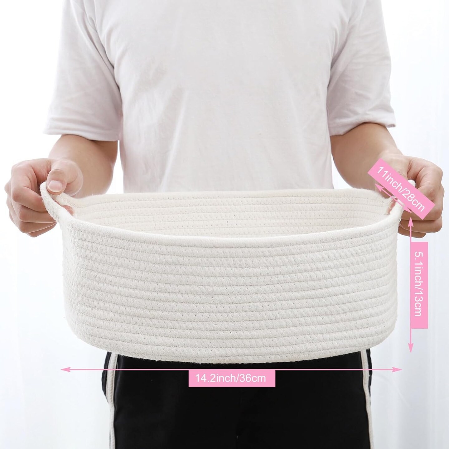 Rope Basket, Small Storage Gift Basket, Rectangle Under Shelf Basket, Decorative Boho White Rope Woven Basket with Handle for Dog Toy Egg Fruit Snack Towel Easter