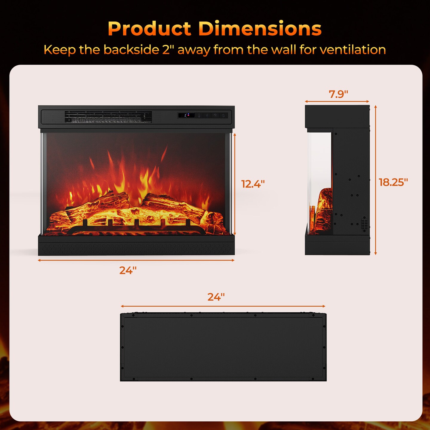 Black 24 Inches 3-Sided Glass Electric Fireplace Heater with Remote Control
