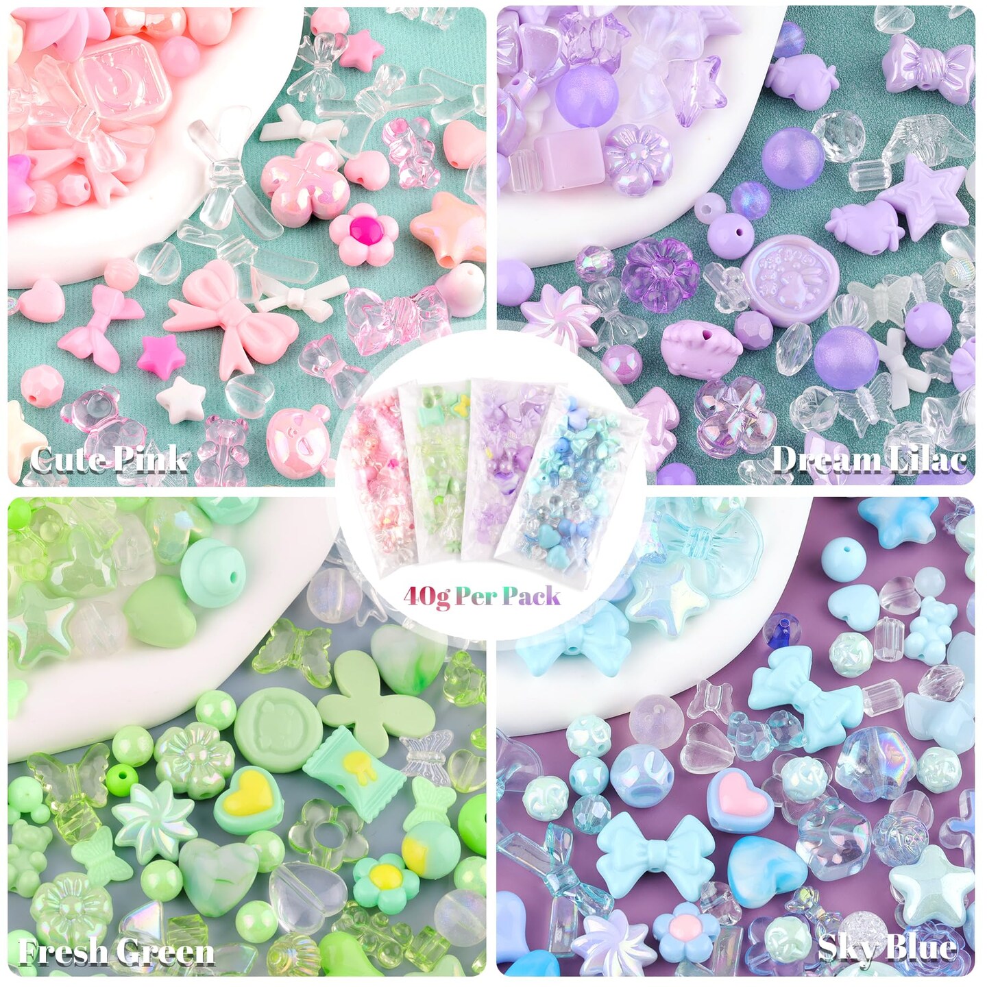 140-160 PCS Assorted Acrylic Beads For Bracelet Making, Flower Bow Butterfly Candy Star Heart GummyBear Kawaii Aesthetic Bracelet Charms,Cute Beads For Jewelry Making DIY Necklace Keychain Phone Charms
