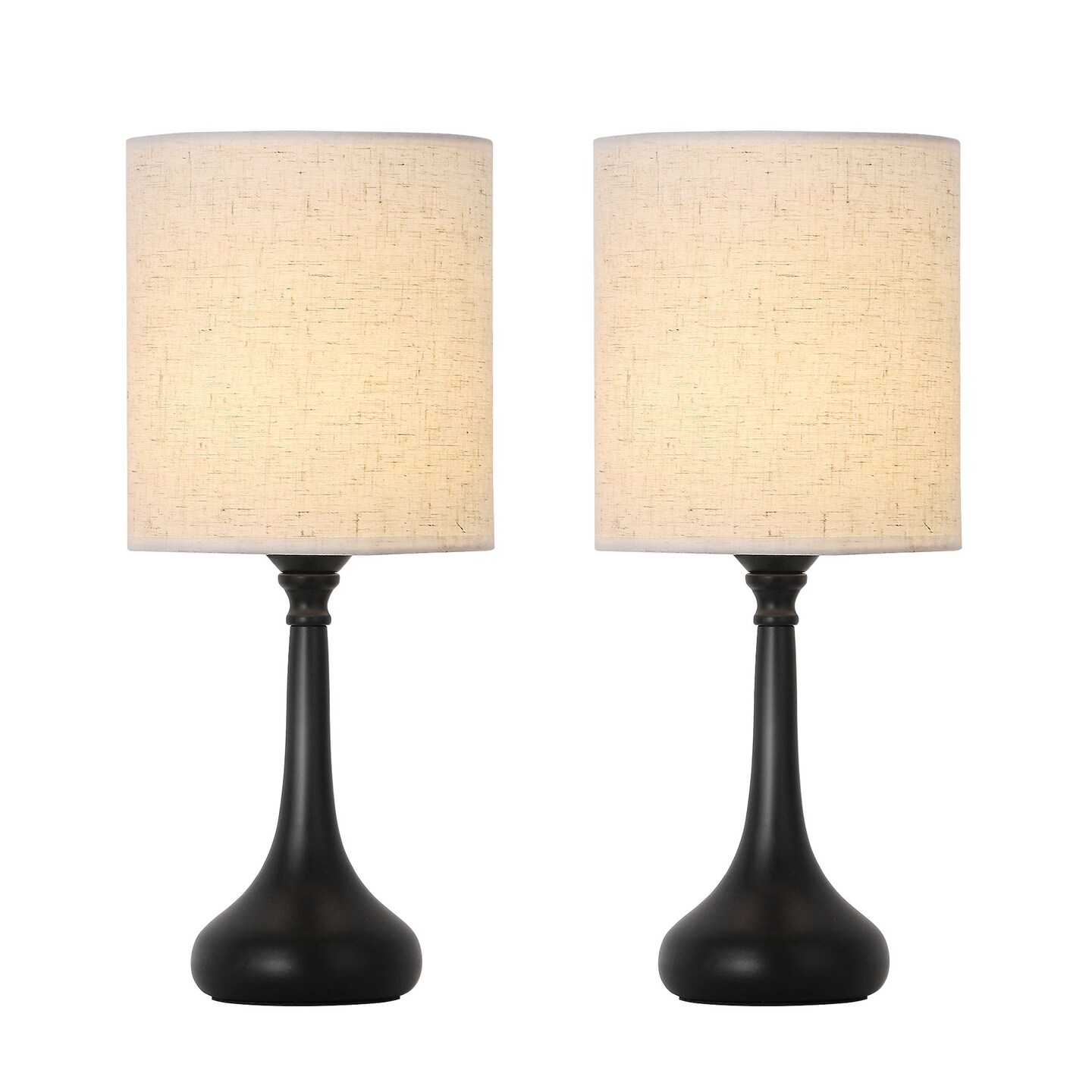 Set of 2 Modern Black Table Lamps &#x2013; Compact Nightstand Lamps with Fabric Shade for Bedroom, Office, and Living Room