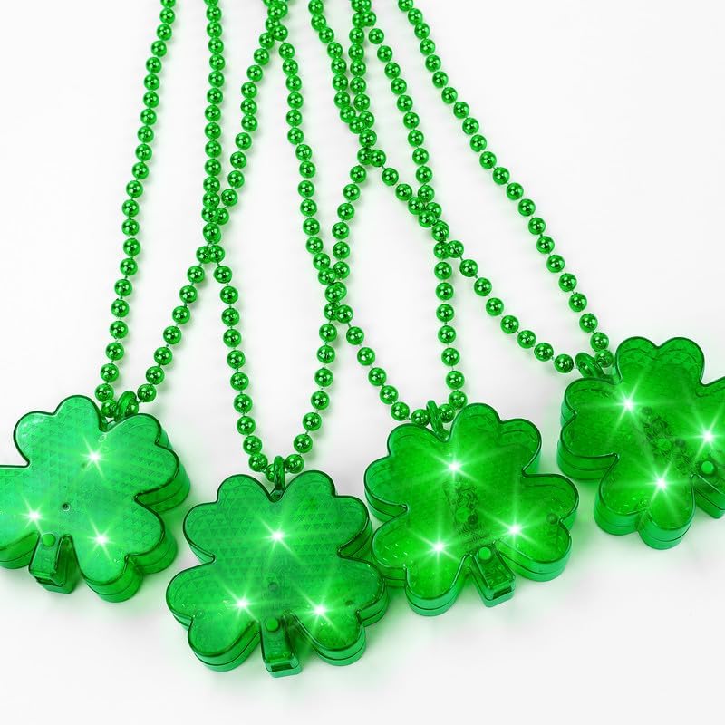 4Pcs Light up Shamrocks Beads Necklaces, St Patrick&#x27;s Day Necklace Accessories Led Shamrocks Necklaces Metallic Green Bead Clovers Necklaces for Irish St. Patricks Day Party Favor Supplies