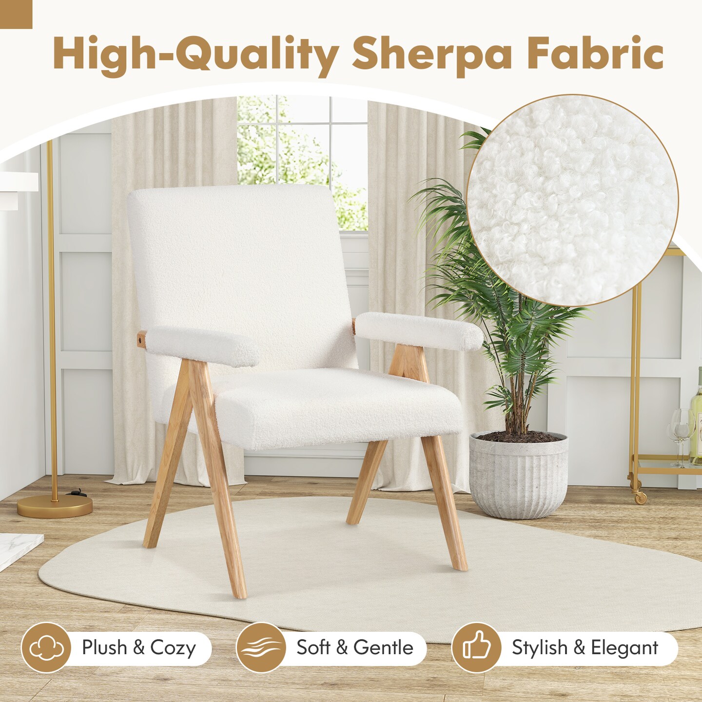 Beige Sherpa Fabric Accent Chair with Wood Arms and Backrest Comfy Lounge Chair for Modern Homes