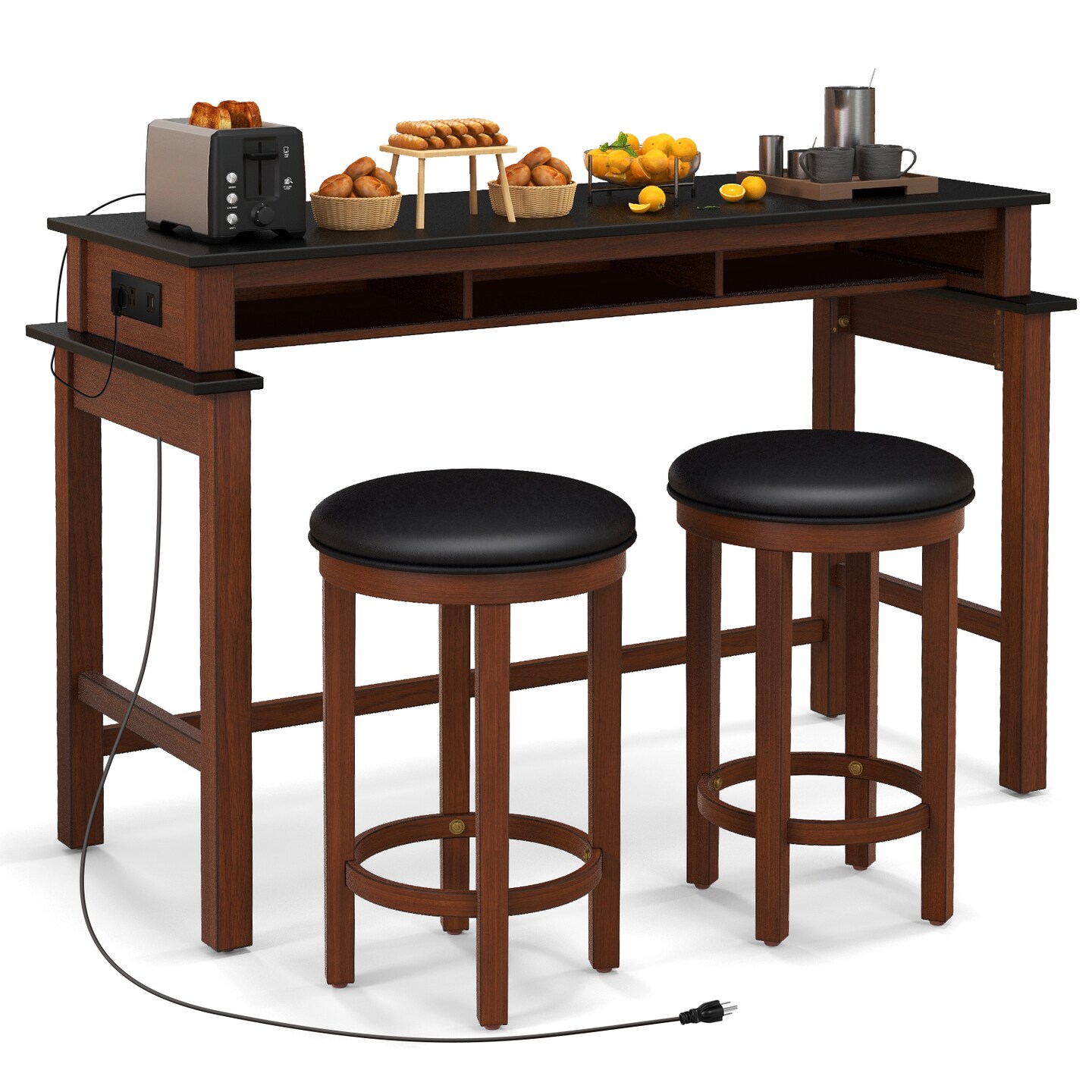 3-Piece Home Bar Set with 2 Upholstered Bar Stools Outlets and USB Ports