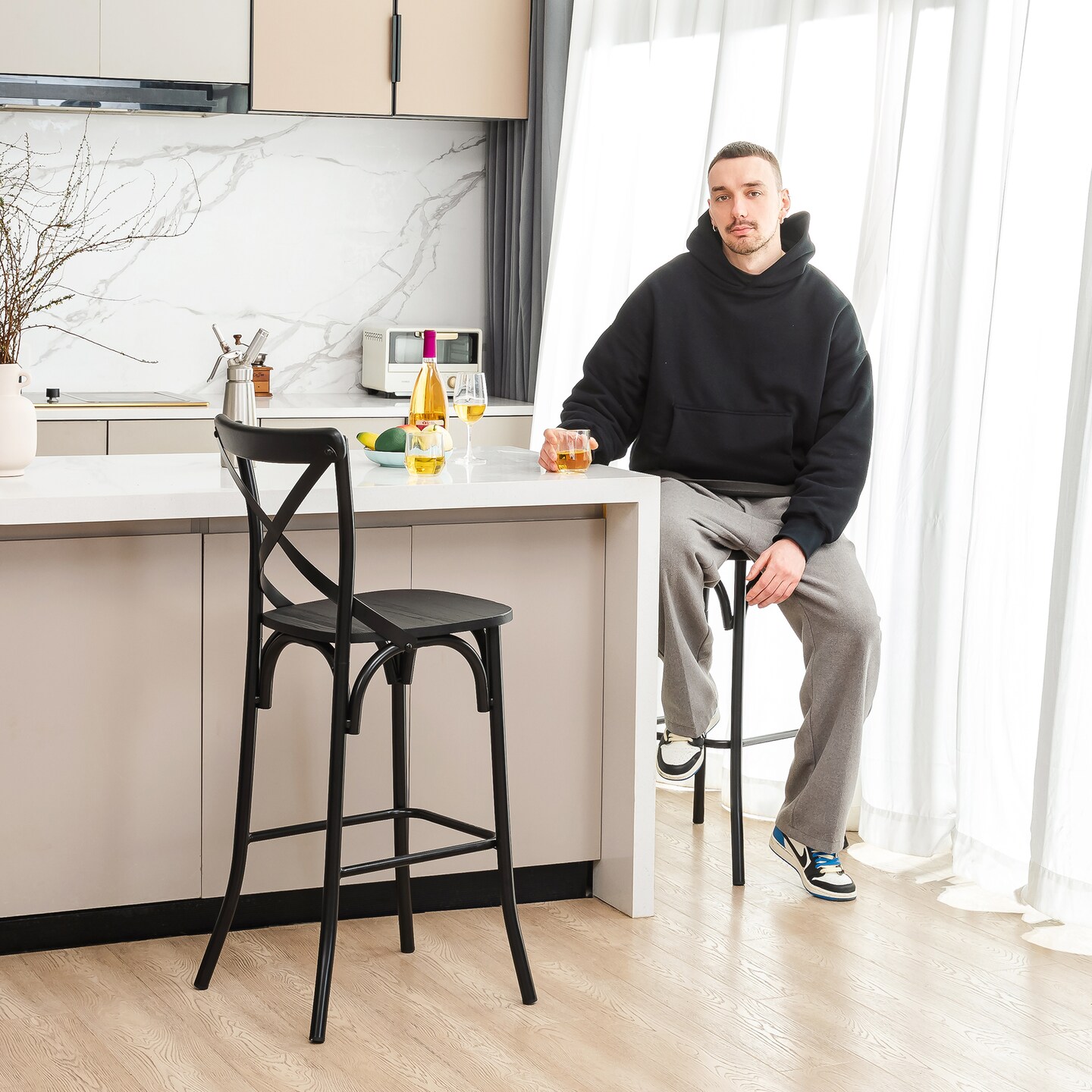 Industrial Rustic High Bar Stools With Solid Elm Wood Seat and Back Support & Bar Table With Adjustable Round