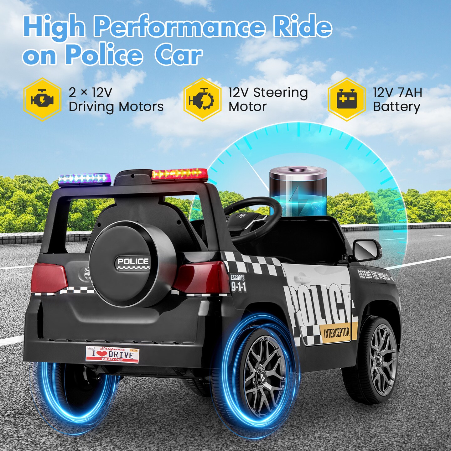 12V Electric Kids Ride-On Police Car with Remote, Siren, and Flashing Lights